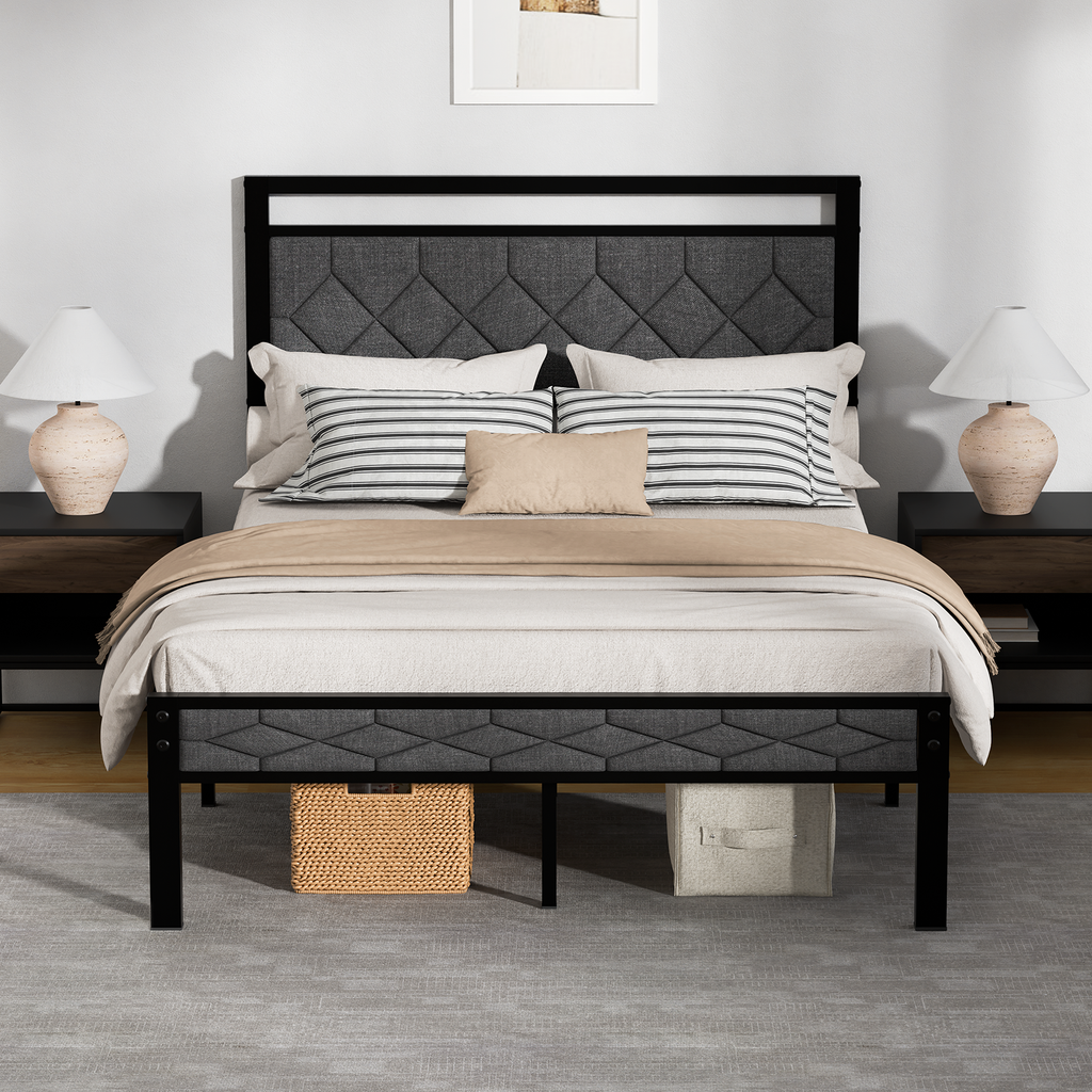 Z-hom Bed Frame with Upholstered Headboard, Bed Frames, Metal Platform Beds Solid and Stable, Grey, Noise Free, Easy Assembly, No Box Spring Needed