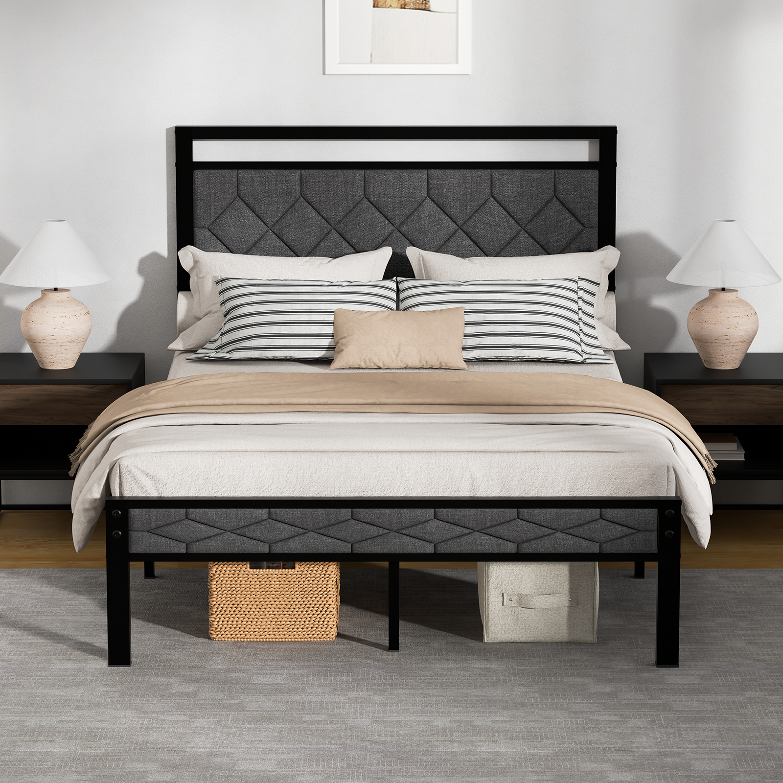 Z-hom Bed Frame with Upholstered Headboard, Bed Frames, Metal Platform Beds Solid and Stable, Grey, Noise Free, Easy Assembly, No Box Spring Needed