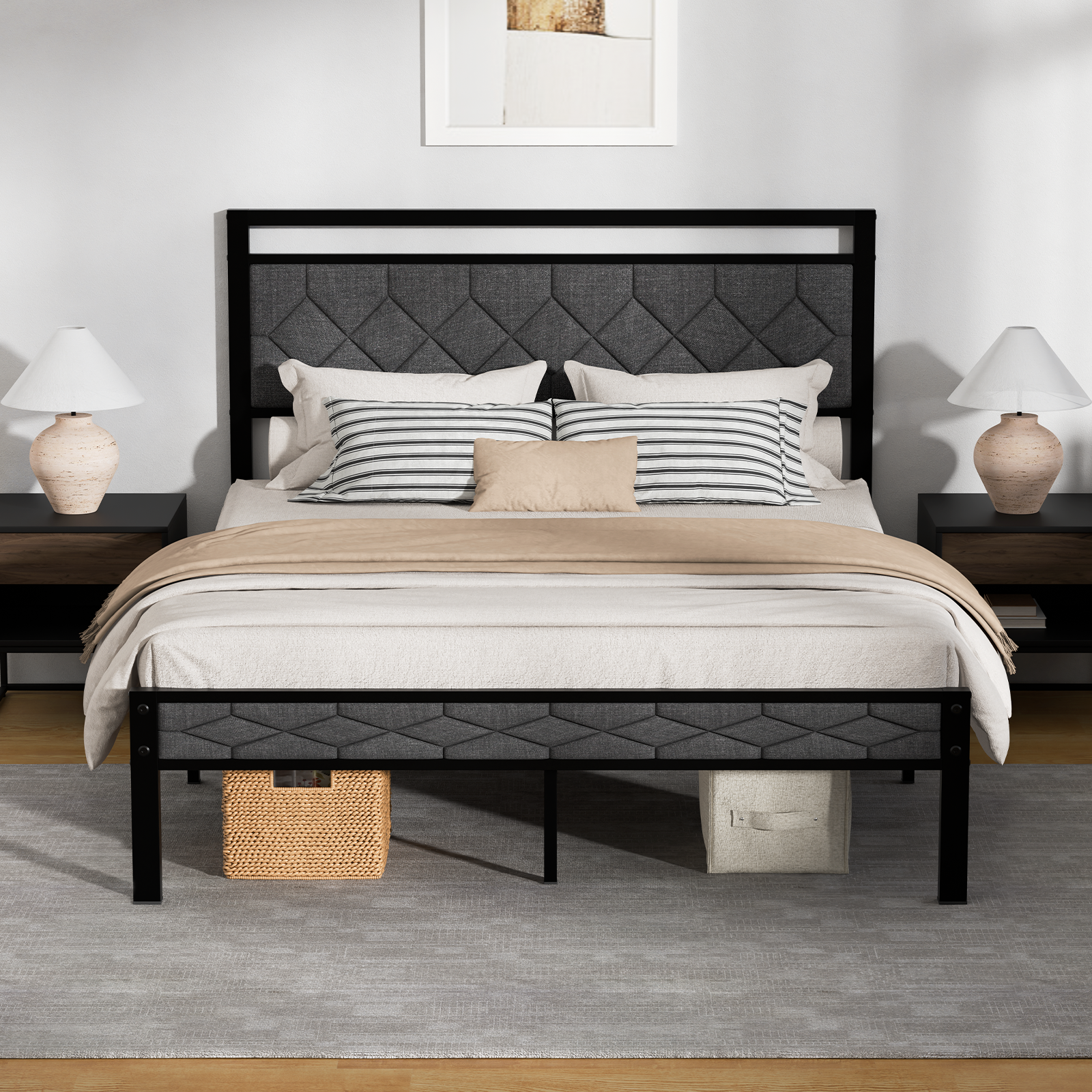 Z-hom Bed Frame with Upholstered Headboard, Bed Frames, Metal Platform Beds Solid and Stable, Grey, Noise Free, Easy Assembly, No Box Spring Needed