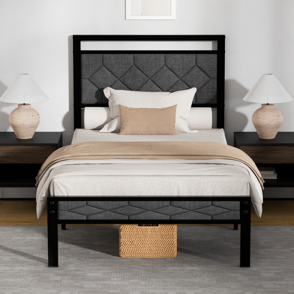 Z-hom Bed Frame with Upholstered Headboard, Bed Frames, Metal Platform Beds Solid and Stable, Grey, Noise Free, Easy Assembly, No Box Spring Needed