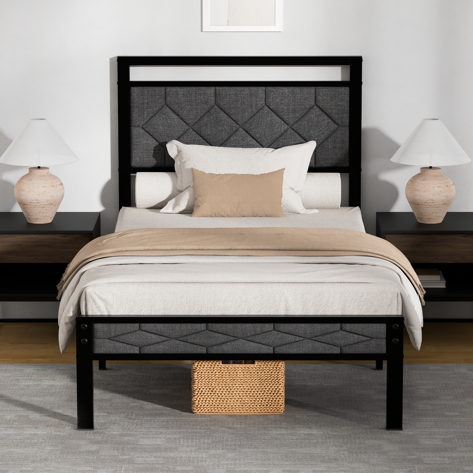 Z-hom Bed Frame with Upholstered Headboard, Bed Frames, Metal Platform Beds Solid and Stable, Grey, Noise Free, Easy Assembly, No Box Spring Needed