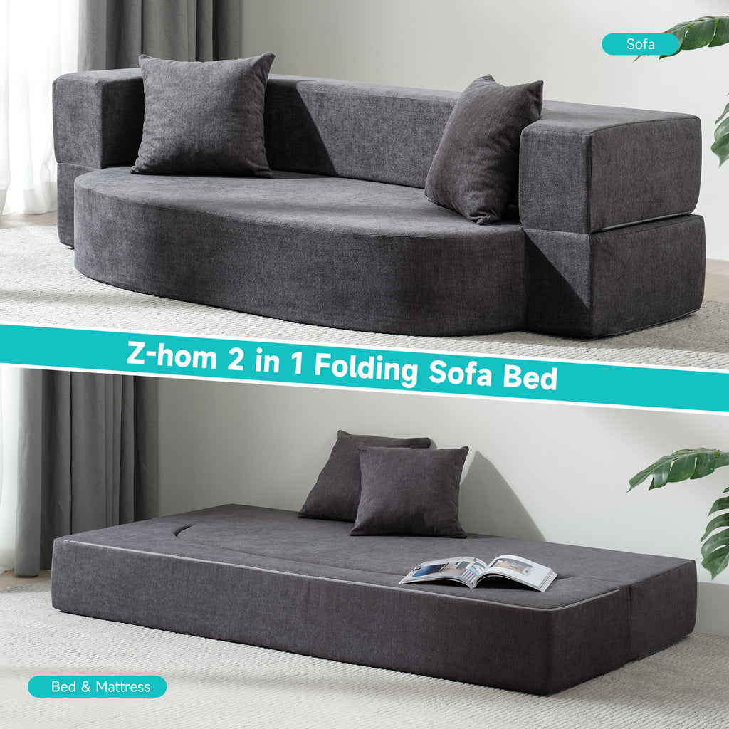 Folding Sofa Bed with 2 Pillows & Washable Cover, 75" W x 32" D x 10" H