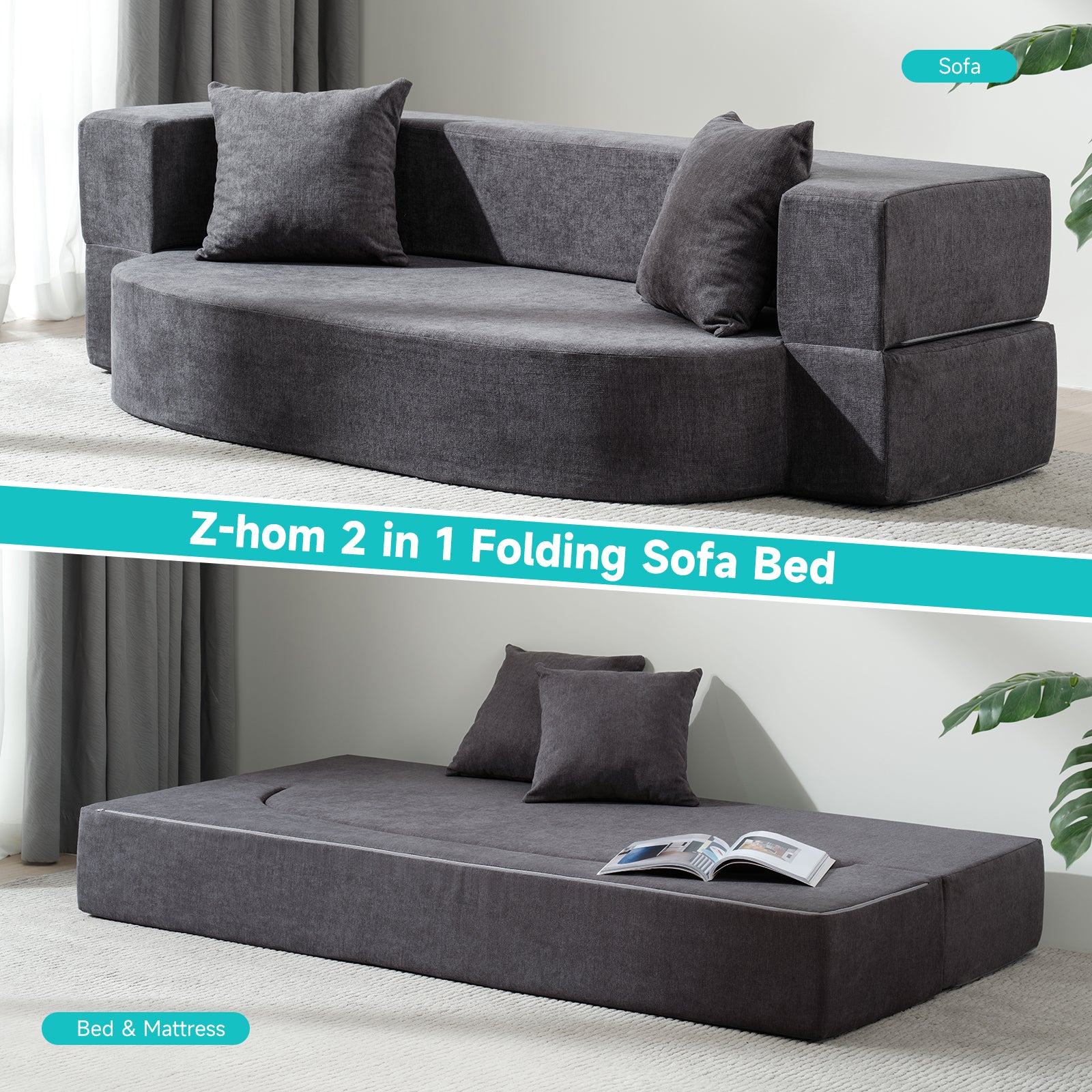 Folding Sofa Bed with 2 Pillows & Washable Cover, 75" W x 32" D x 10" H