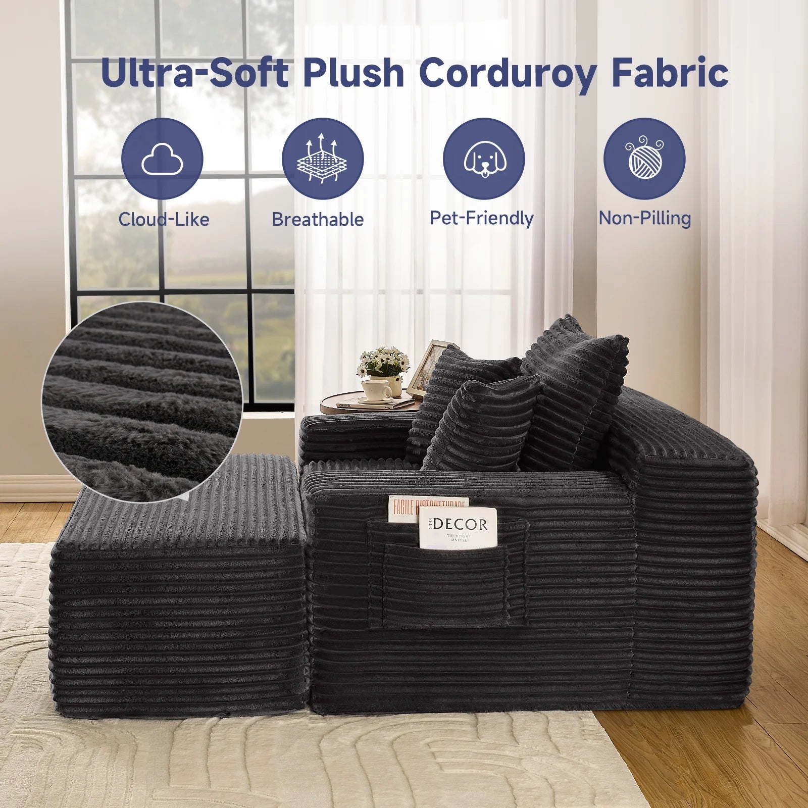 Z-HOM Convertible Chaise Lounge with Ottoman Corduroy