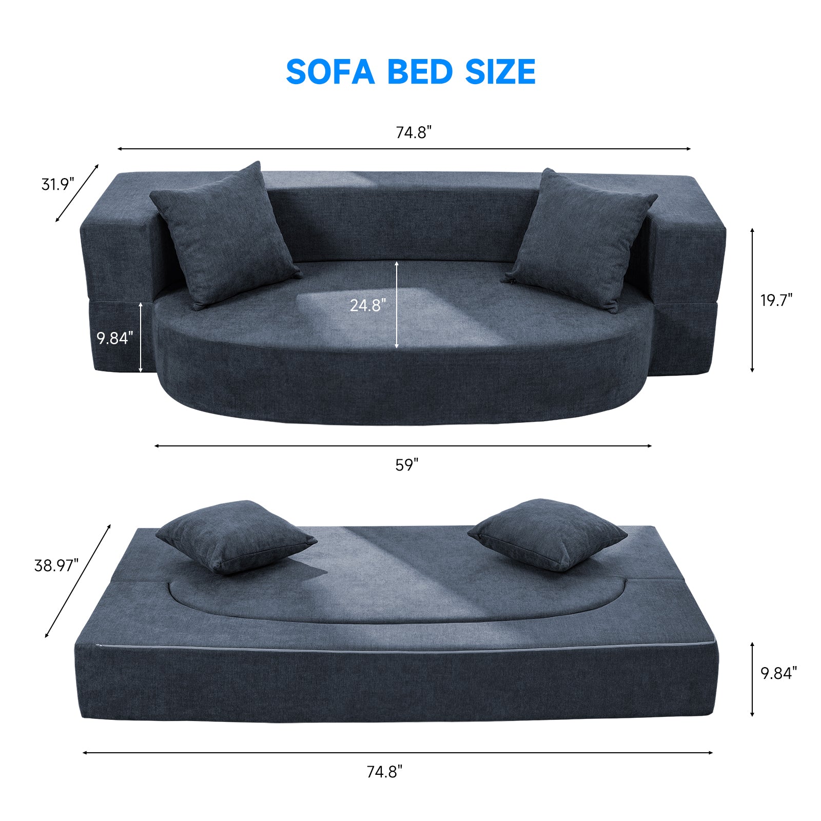 Folding Sofa Bed,Z-HOM 10 inch Convertible Memory Foam Couch with 2 Pillows & Washable Cover Fold Out 2-in-1 Futon Sofa Sleeper Chair Mattress, Twin,Dark Blue
