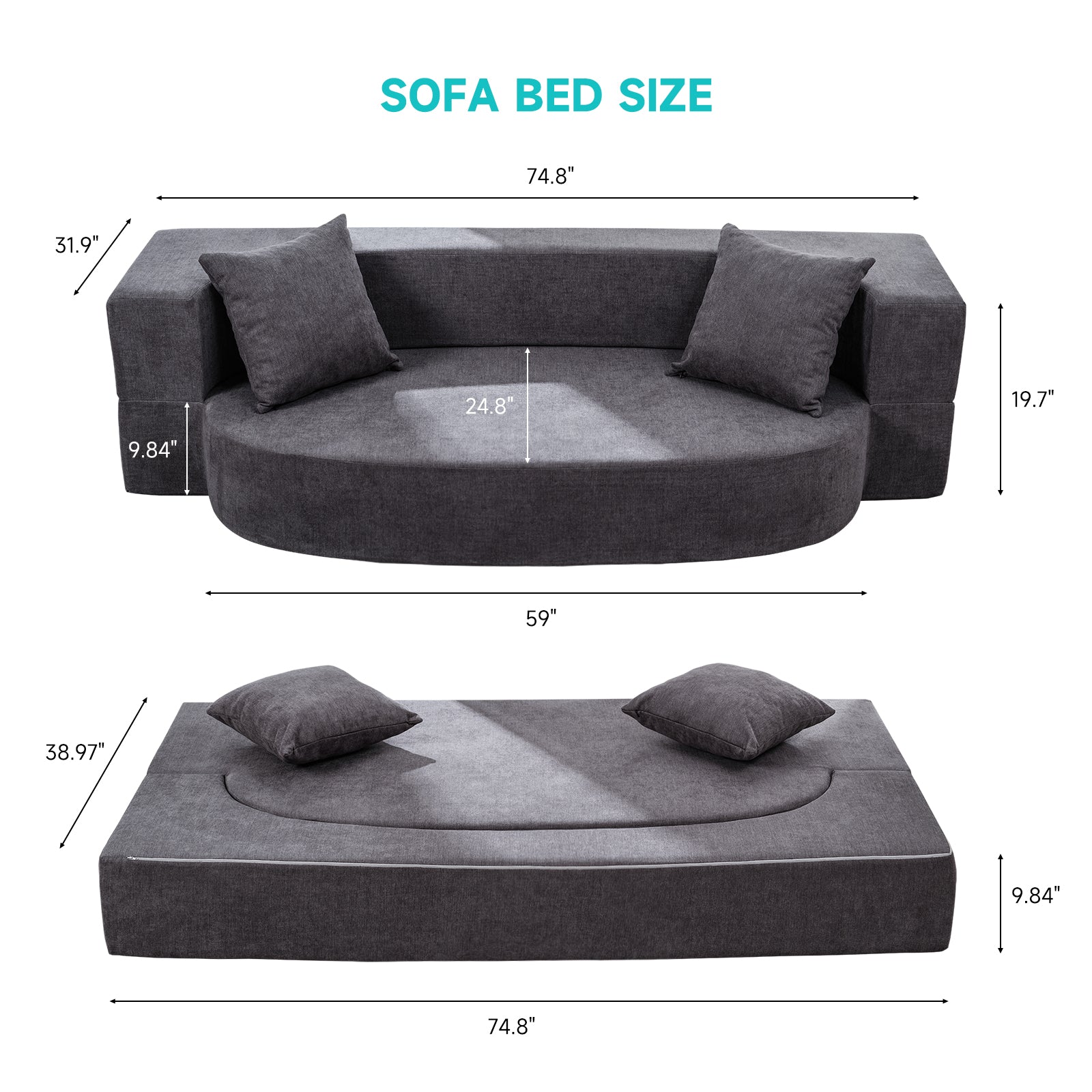 Folding Sofa Bed with 2 Pillows & Washable Cover, 75" W x 32" D x 10" H