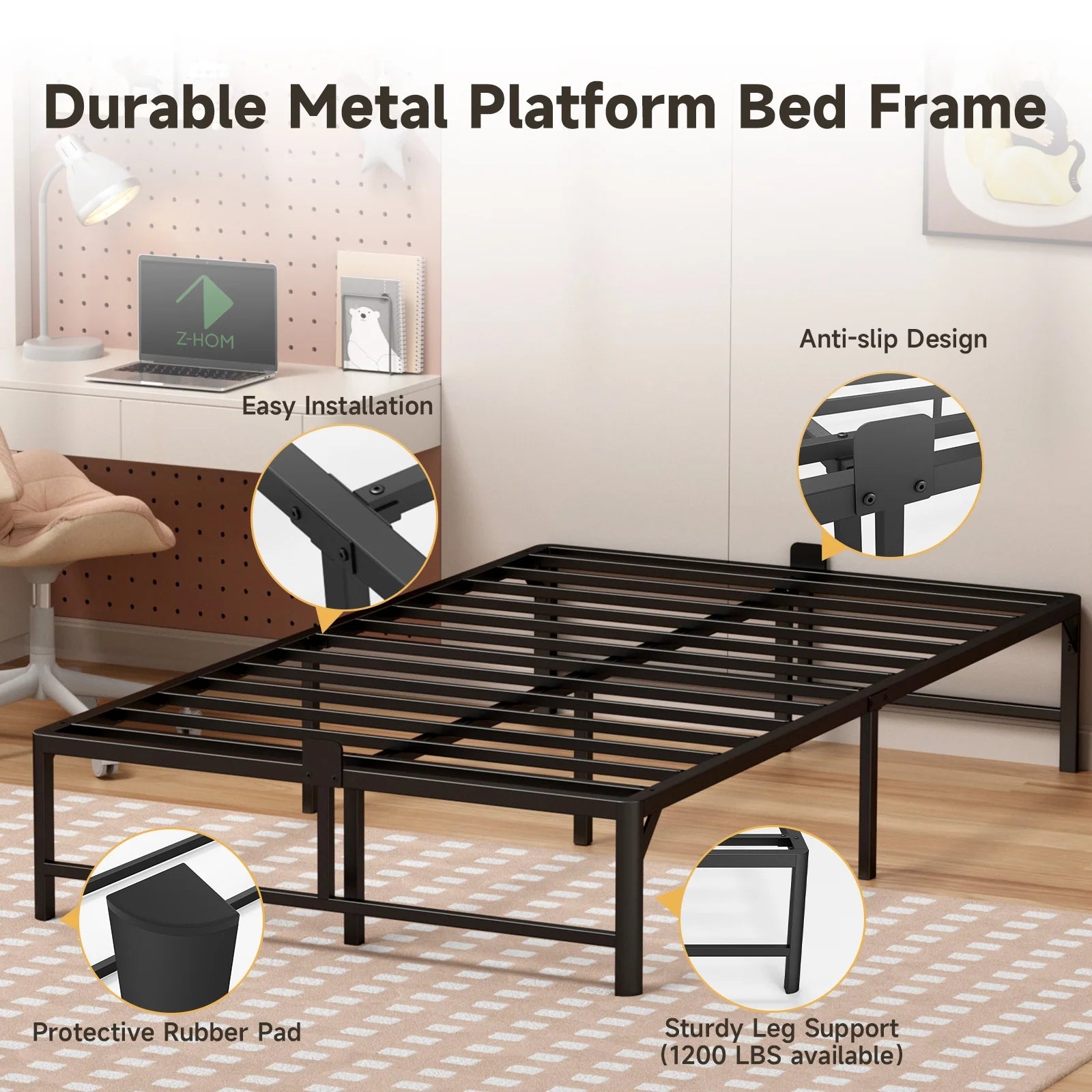Z-HOM Twin Size Metal Platform Bed Frame with 14'' Large Under Bed Storage Space, Easy Assembly, Black