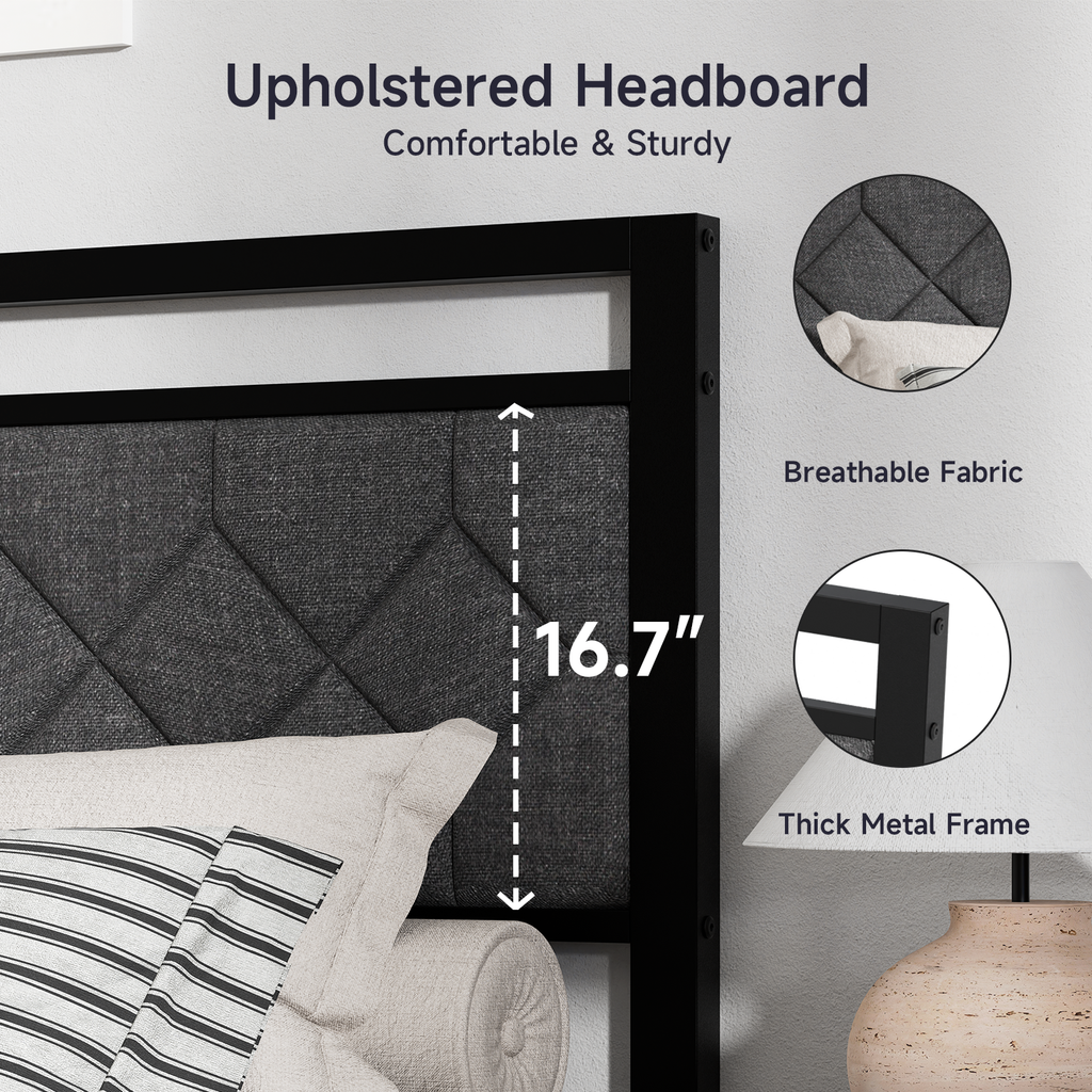 Z-hom Bed Frame with Upholstered Headboard, Bed Frames, Metal Platform Beds Solid and Stable, Grey, Noise Free, Easy Assembly, No Box Spring Needed