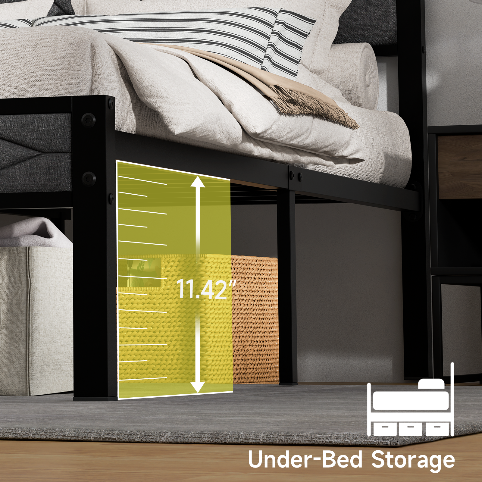 Z-hom Bed Frame with Upholstered Headboard, Bed Frames, Metal Platform Beds Solid and Stable, Grey, Noise Free, Easy Assembly, No Box Spring Needed