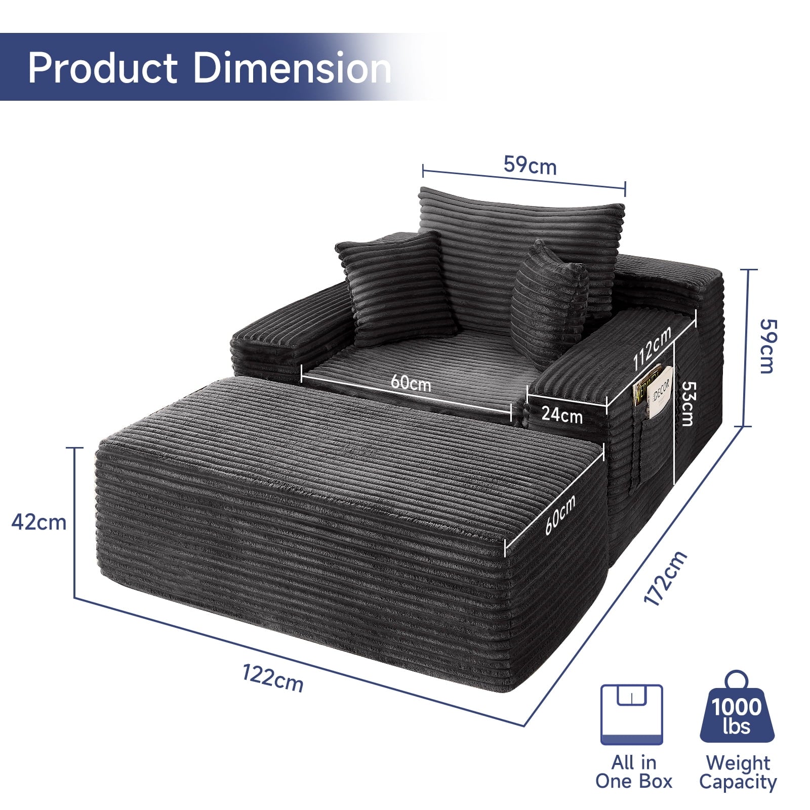 Z-HOM Convertible Chaise Lounge with Ottoman Corduroy