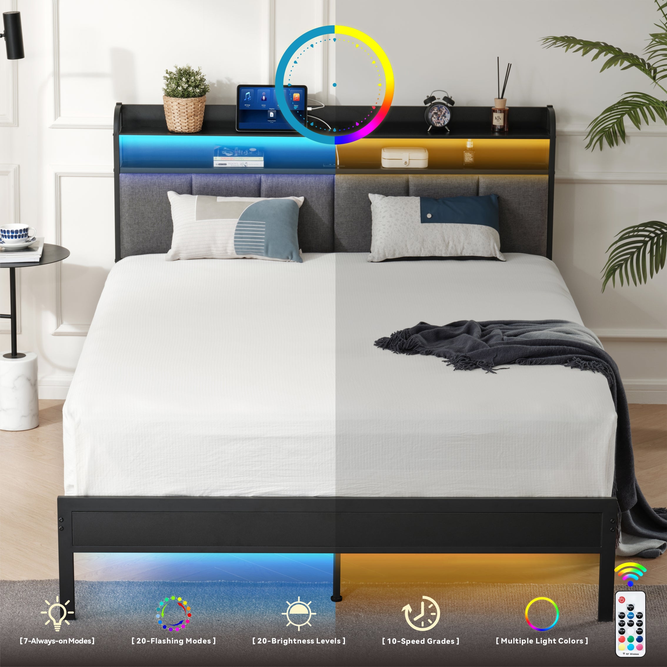 Z-HOM LED Platform Bed Frame with Power Station