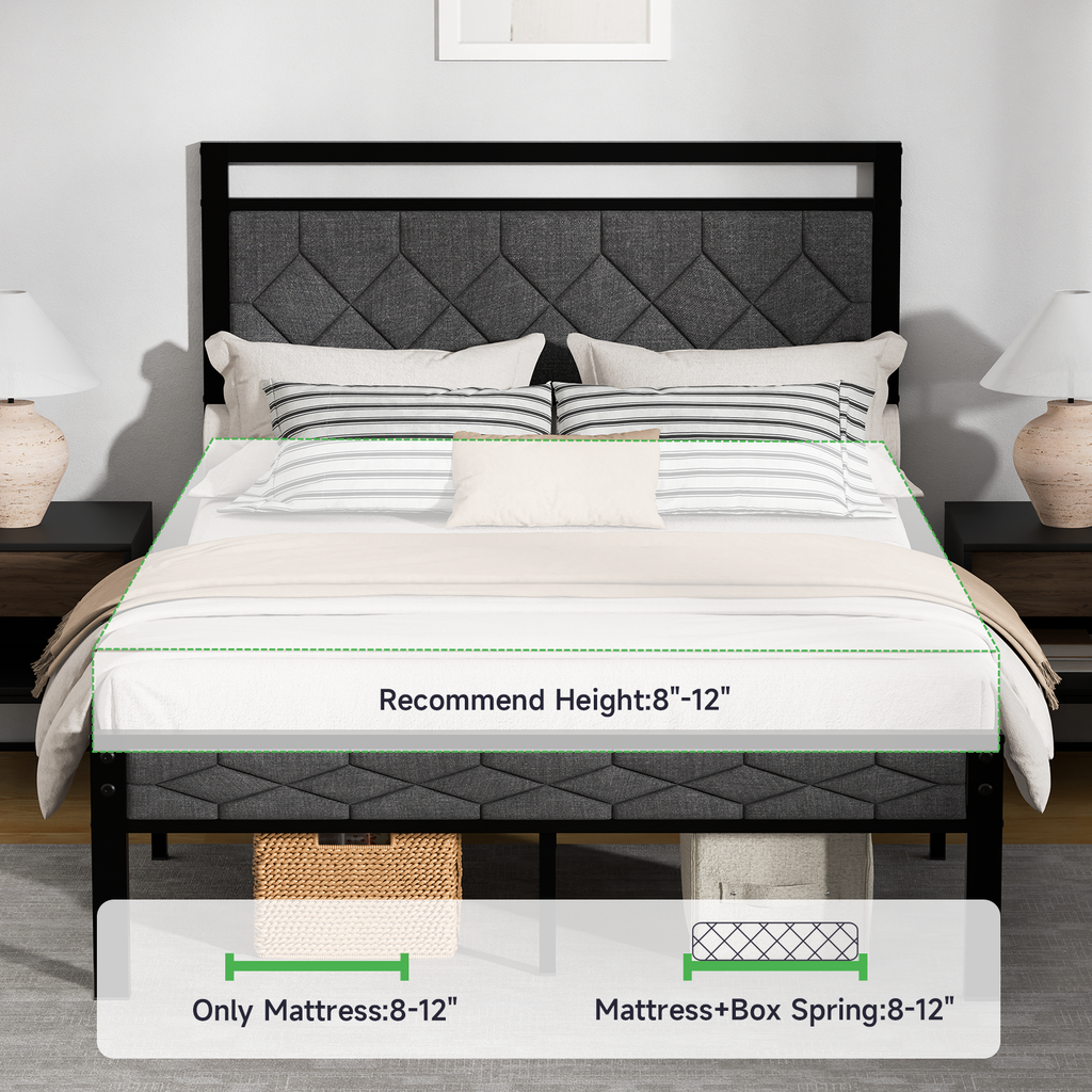 Z-hom Bed Frame with Upholstered Headboard, Bed Frames, Metal Platform Beds Solid and Stable, Grey, Noise Free, Easy Assembly, No Box Spring Needed